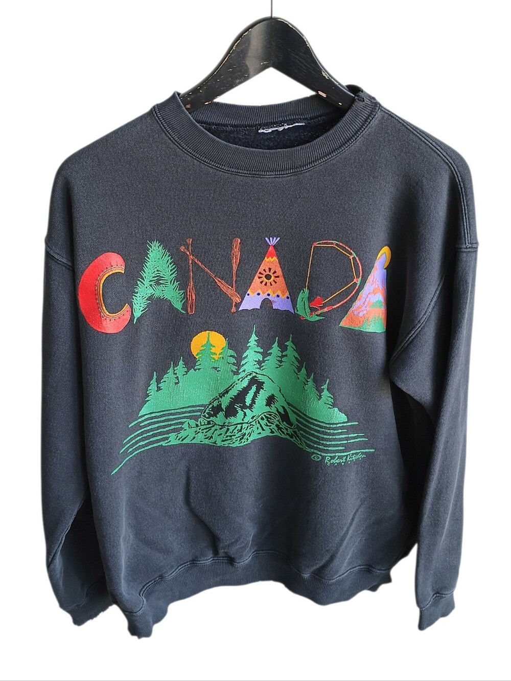 Vintage 90s Robert Kitchen Canada Beaver Graphic Sweatshirt Black 23.5x23